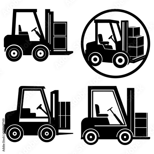 Four black forklift icons with boxes in different arrangements on a white background design layout
