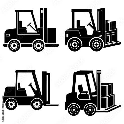 Four black and white forklift illustrations in a grid pattern on a white background showing various angles