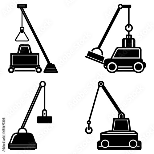 Illustration of four black and white crane vehicles with different attachments and arm configurations shown