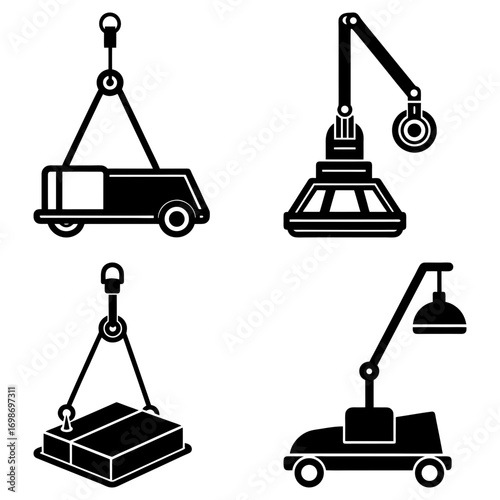 Illustration of four different types of industrial lifting equipment in black and white style