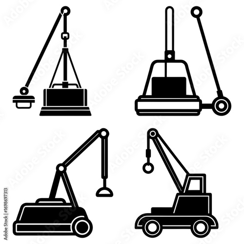 Illustration showing four different types of industrial cranes in black and white silhouette style design