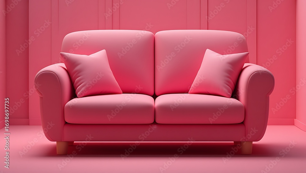 Fototapeta premium Chic pink sofa with plush pillows in a monochromatic modern studio setting