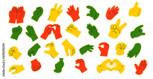 A vibrant collection of colorful hand gestures in red, yellow, and green. Each hand displays a unique sign, symbolizing various expressions and emotions. Perfect for communication, diversity, 