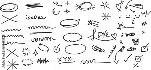 Vector art of collection of handdrawn doodle elements including arrows, check marks, crosses, stars, hearts, speech bubbles, and the word love