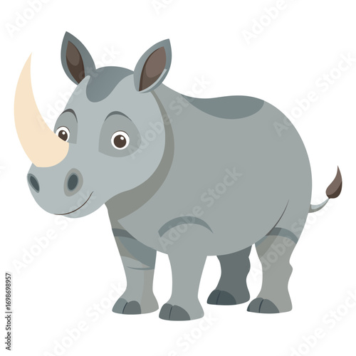 Cute cartoon rhinoceros with a gentle smile ready for educational use, ideal for children's books, playful marketing, and conservation awareness campaigns, originally a scalable graphic