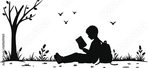 child reading book under tree with birds flying silhouette on transparent background