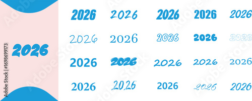 Vector art of a collage of the year 2026 displayed in various fonts and styles, emphasizing the upcoming future year and its significance in a visually dynamic composition