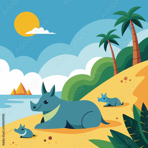 Cartoon Rhinos basking on a sunny beach with palm trees and distant pyramids evokes a sense of playful adventure and carefree vacation vibes, perfect for children's books and travel promotions
