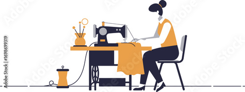 woman sewing at desk with tools silhouette on transparent background