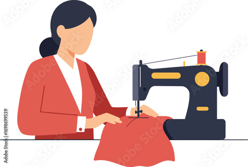 woman sewing fabric using machine silhouette on transparent background