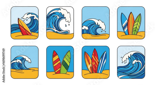 Set of surfing icons with ocean waves and surfboards on a sandy beach for summer sport themes.
