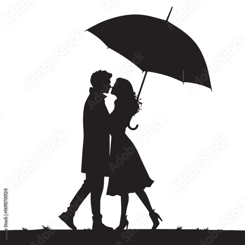 Silhouette of a Couple Walking and Kissing Under an Umbrella Keywords: couple, silhouette, walking, kissing, umbrella, love, romance, relationship, together, affection, black, white, graphic