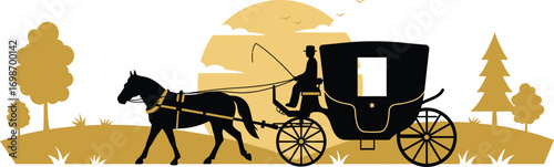 horse drawn carriage in sunset landscape silhouette on transparent background