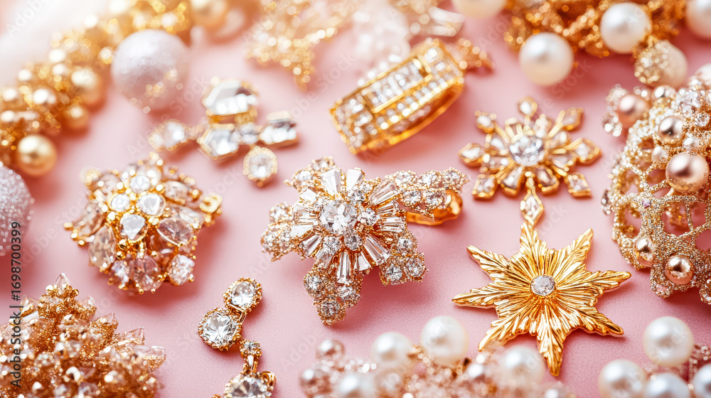 Fototapeta premium A stunning array of Christmas and New Year jewelry, showcasing sparkling brooches and ornaments with intricate designs, set against a soft pink backdrop, evoking festive elegance and charm