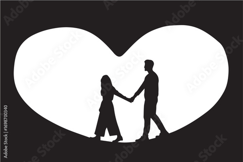 Silhouette of a couple holding hands inside a large heart shape love