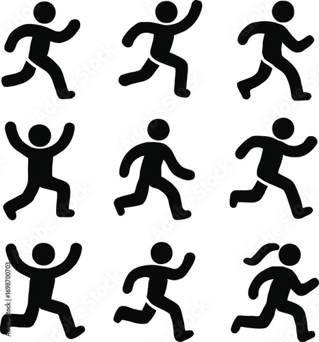 Running Silhouette Icon Set – 9 Black Vector Poses for Sprint, Motion, and Fitness Design