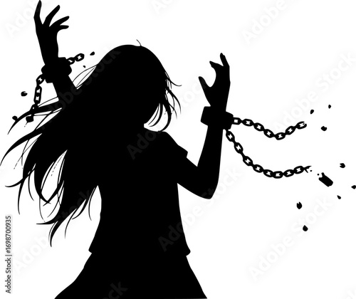 vector silhouette of a girl with raised hands and broken chains

