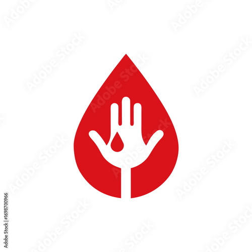 Red blood drop with hand and water droplet icon