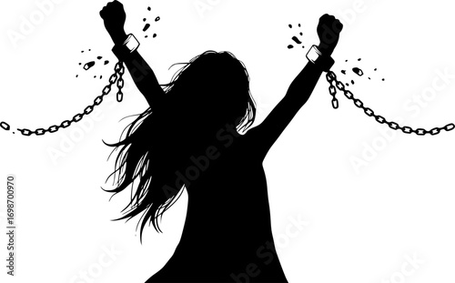 vector silhouette of a girl with raised hands and broken chains
