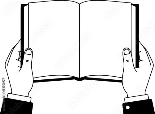 vector flat illustration of hands holding opened book isolated on white background. reading books. book mockup
