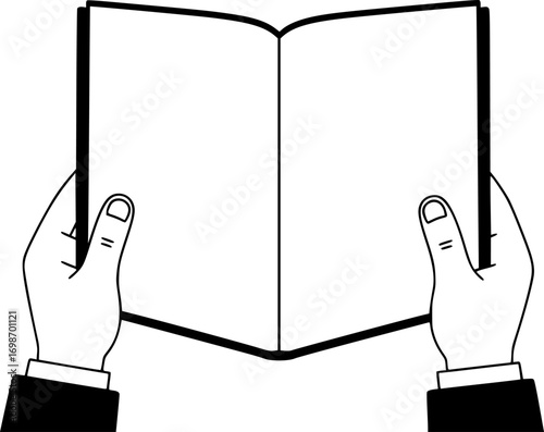 vector flat illustration of hands holding opened book isolated on white background. reading books. book mockup
