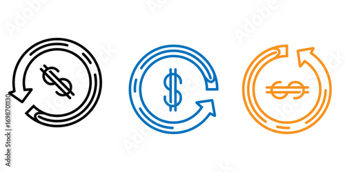 This image showcases three variations of a circular line art icon, depicting money in a cyclical motion.