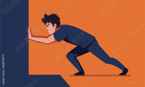 A determined individual, depicted in a vector illustration, exerts effort by pushing against a dark blue wall on a vivid orange backdrop, symbolizing struggle.