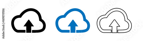 This image shows three variations of a cloud upload icon.