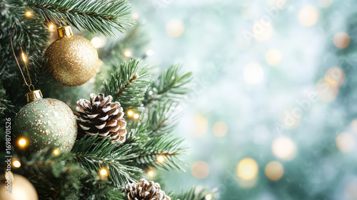 Close-up of a beautifully decorated Christmas tree featuring golden and green ornaments, natural pine cones, and soft twinkling lights, evoking a warm and joyful holiday spirit