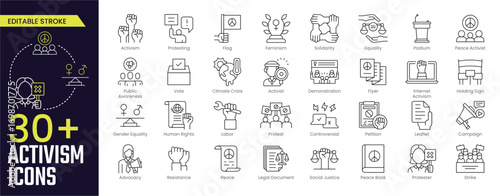 Activism Stroke icon collections. Containing Protest, Peace Book, Equality and Social Justice icons. Editable Stroke icon collection Outline icon
