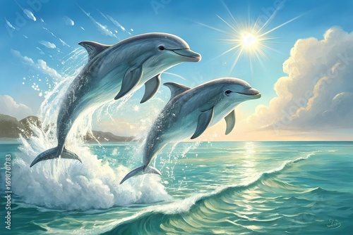 Pair of dolphins jumping out of water in sync, sun shining, feeling of joy and play