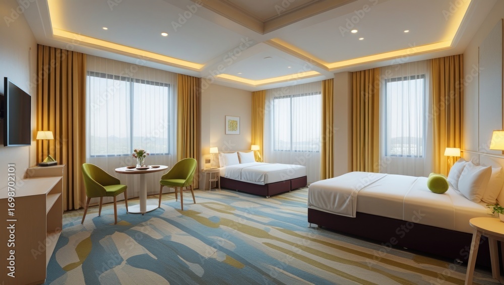 Fototapeta premium A bright and spacious hotel room with three beds, featuring mustard yellow curtains and lime green chairs, showcasing a modern aesthetic.