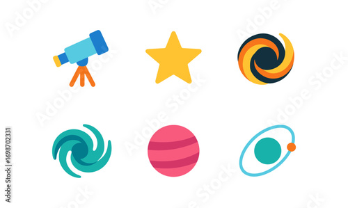 Colorful astrophysics icon set featuring telescope, star, and planetary symbols for educational or design use