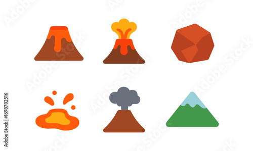 Volcanology icons collection with erupting volcanoes and geological elements for educational design