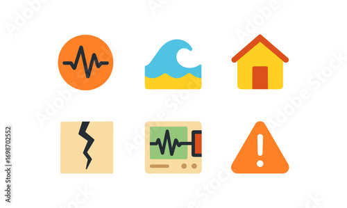 Seismology icons: earthquake, wave, and safety symbols for educational and emergency design use