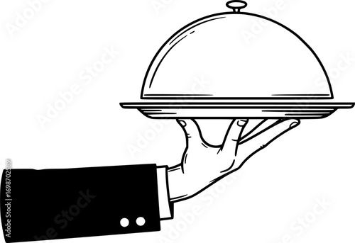 Vector human hand holding a tray isolated on white background. Restaurant or cafe icon. Waiter's hand with a tray. Serving food icon
