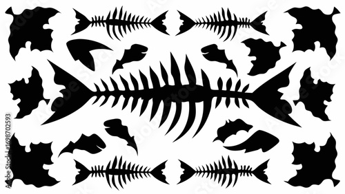 Mysterious dark fish skeletons and abstract shapes create a spooky, intriguing pattern perfect for Halloween