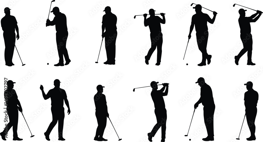 Obraz premium Golf player silhouette collection, male golfer poses, golf swing action, vector illustration, black silhouette of golfer, sports design element