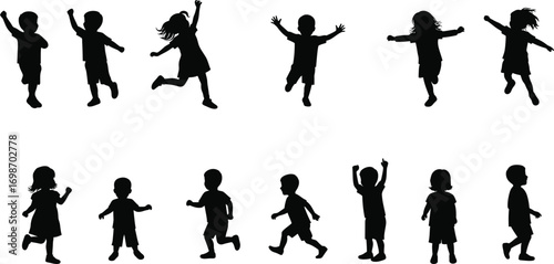 children playing joyfully in various poses silhouette on transparent background