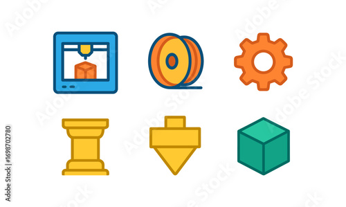 Colorful 3d printing icons set for technology design and innovation themes