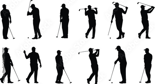Golf player silhouette collection, male golfer poses, golf swing action, vector illustration, black silhouette of golfer, sports design element