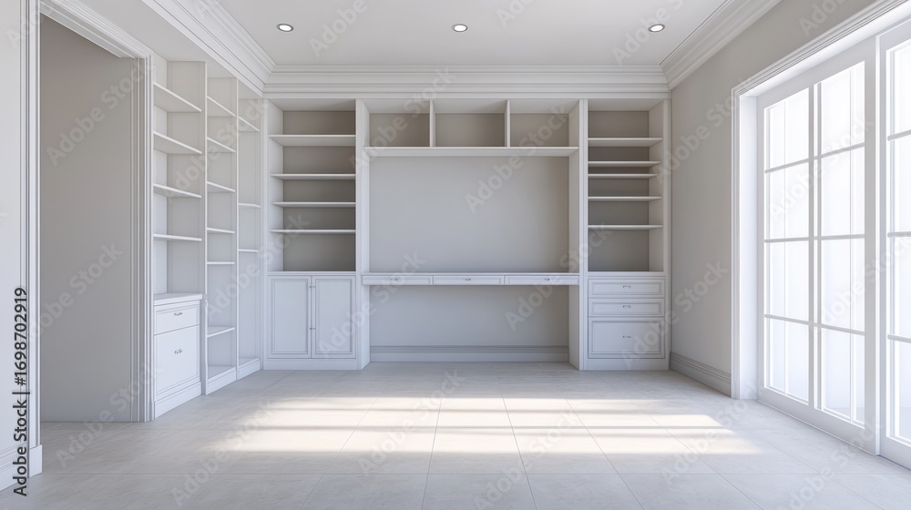 Fototapeta premium Empty white study room with built in bookshelves