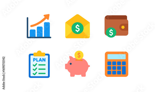 Budgeting icon set featuring graph, envelope, wallet, plan checklist, piggy bank, and calculator for financial planning and management