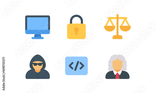 Cyber law icons set featuring security, justice, and technology elements for digital design