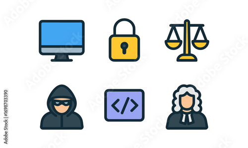 Cyber law icons set featuring security, justice, and technology for digital legal services design