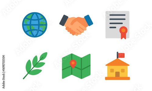 Diplomacy icon set featuring globe, handshake, document, olive branch, map, building - ideal for international relations design