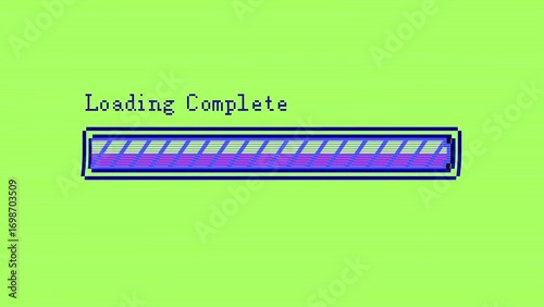 4K Retro Pixelated Loading Bar Animation with “Loading…” and “Loading Complete” Text, Purple Bar on Green Isolated Background