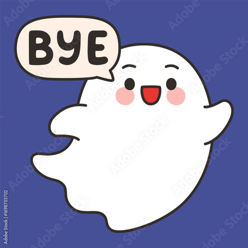 Cute Ghost Bye Emote Vector Waving with Speech Bubble on Blue Background