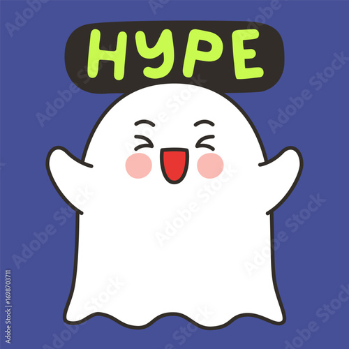 Cute Ghost Hype Emote Vector with Excited Expression on Blue Background