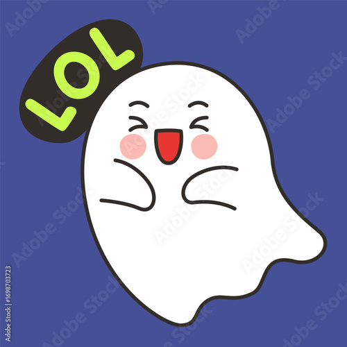 Cute Ghost LOL Emote Vector with Laughing Expression on Blue Background